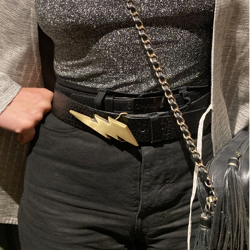 Lightning Bolt Belt - Black with Antique Brass Buckle