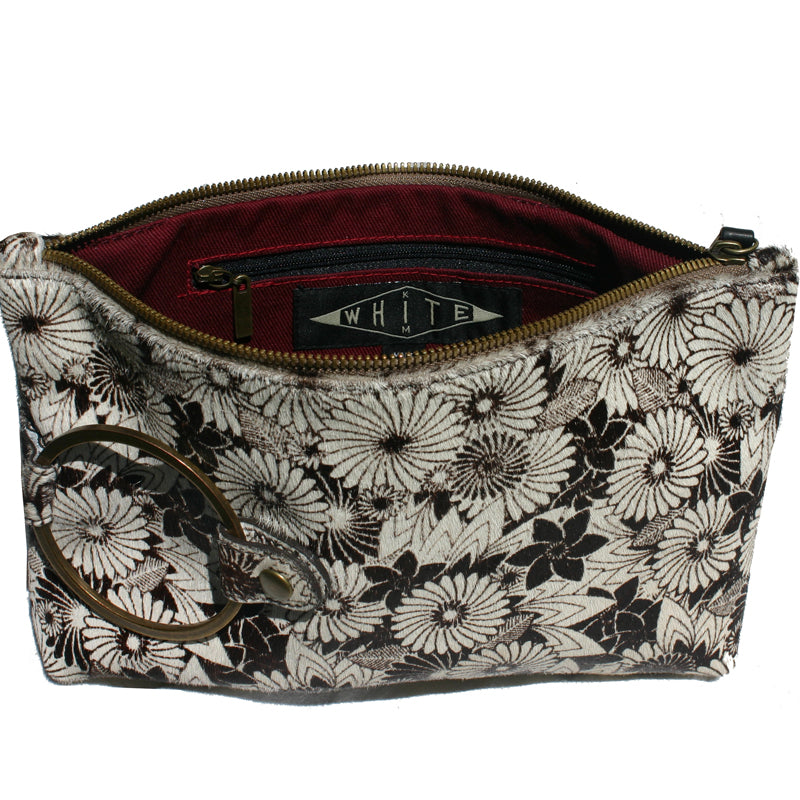 Ring Clutch - B&W Floral Printed Fur