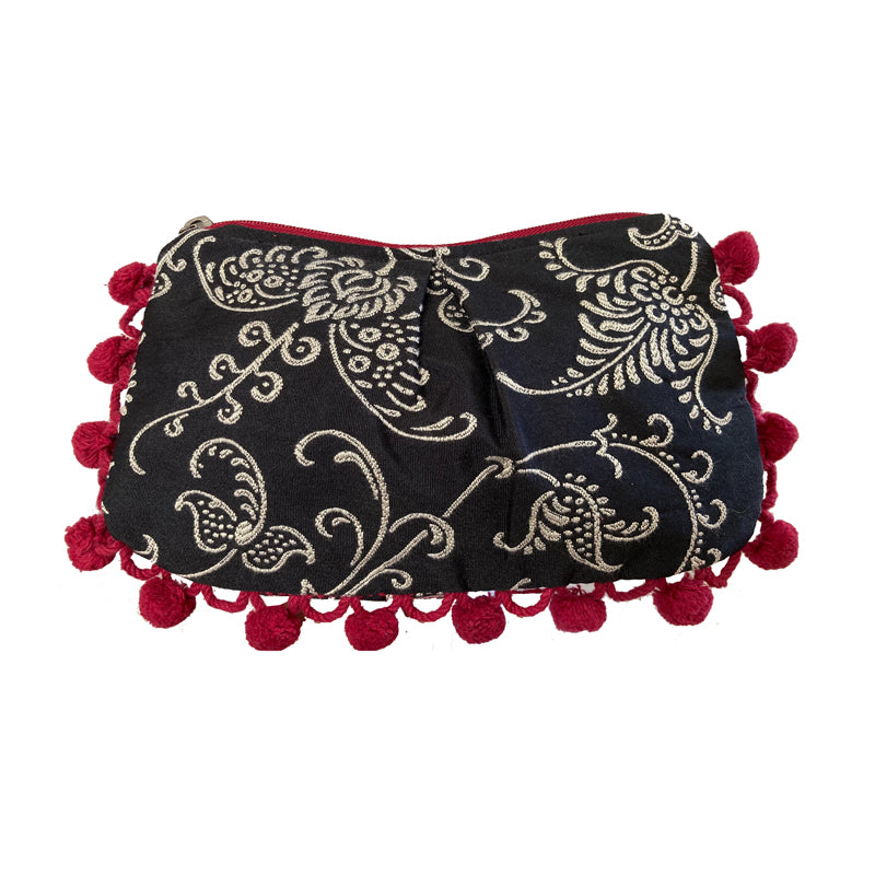 Black & White Floral Pom Pom Bag