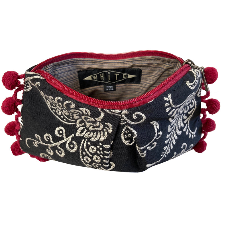 Black & White Floral Pom Pom Bag