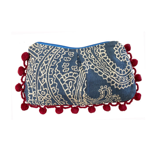 Blue wCream Embroidery Pom Pom Bag