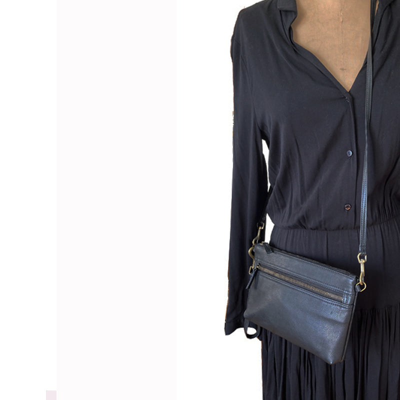 Double-Zip Bag with Two Straps - Black Leather