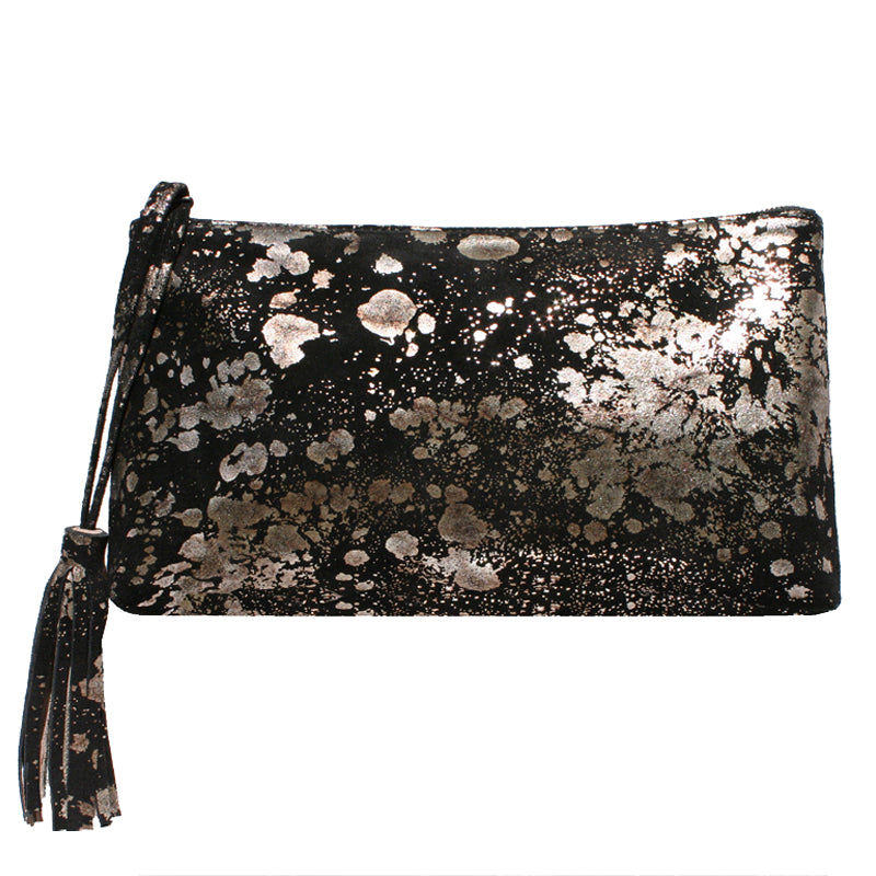 Large Tassel Clutch - Black Metallic Splash