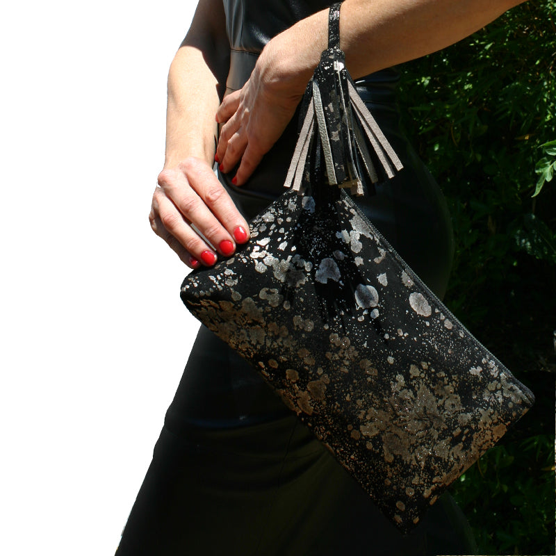Large Tassel Clutch - Black Metallic Splash