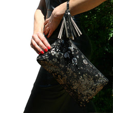 Load image into Gallery viewer, Large Tassel Clutch - Black Metallic Splash
