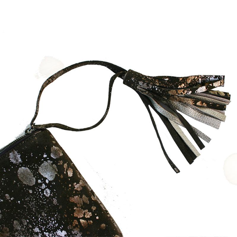 Large Tassel Clutch - Black Metallic Splash