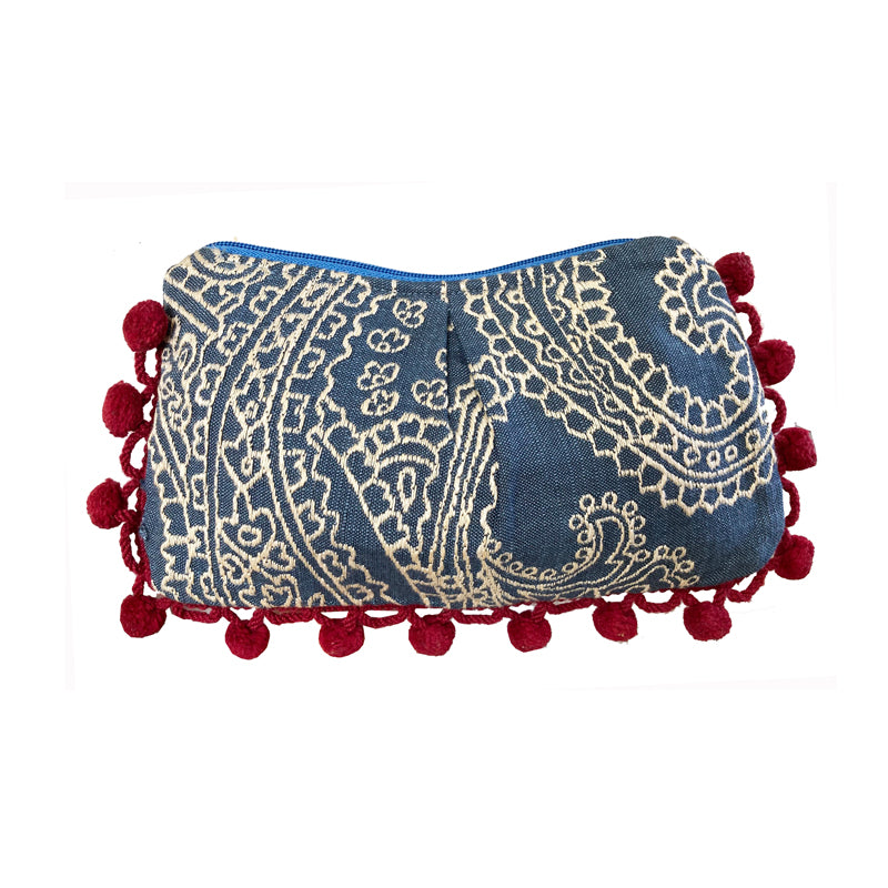 Blue wCream Embroidery Pom Pom Bag
