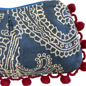 Blue wCream Embroidery Pom Pom Bag