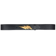 Load image into Gallery viewer, Lightning Bolt Belt - Black with Antique Brass Buckle
