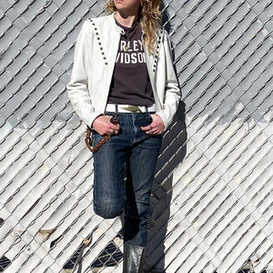 Lightning Bolt Belt - White with Antique Brass Buckle