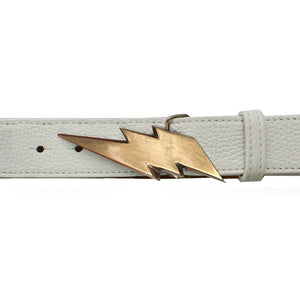 Lightning Bolt Belt - White with Antique Brass Buckle