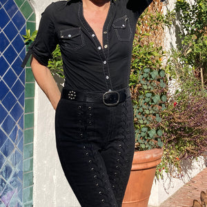 Flower Dome Rivet Belt - Black wAntique Nickel