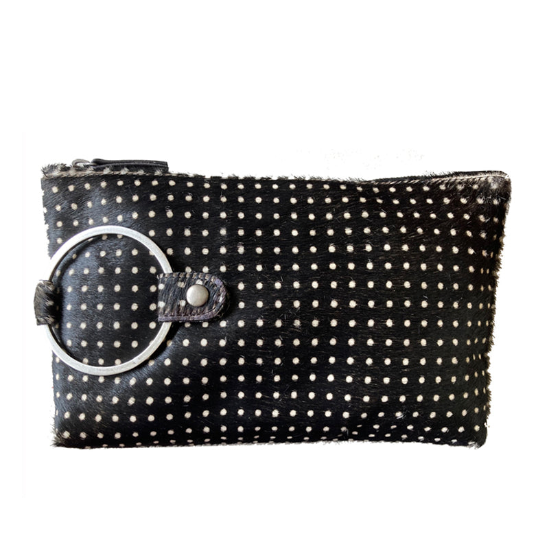 Ring Clutch - Black & White Polka Dot Fur