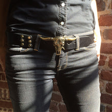 Load image into Gallery viewer, Steer Belt - Black with Antique Brass
