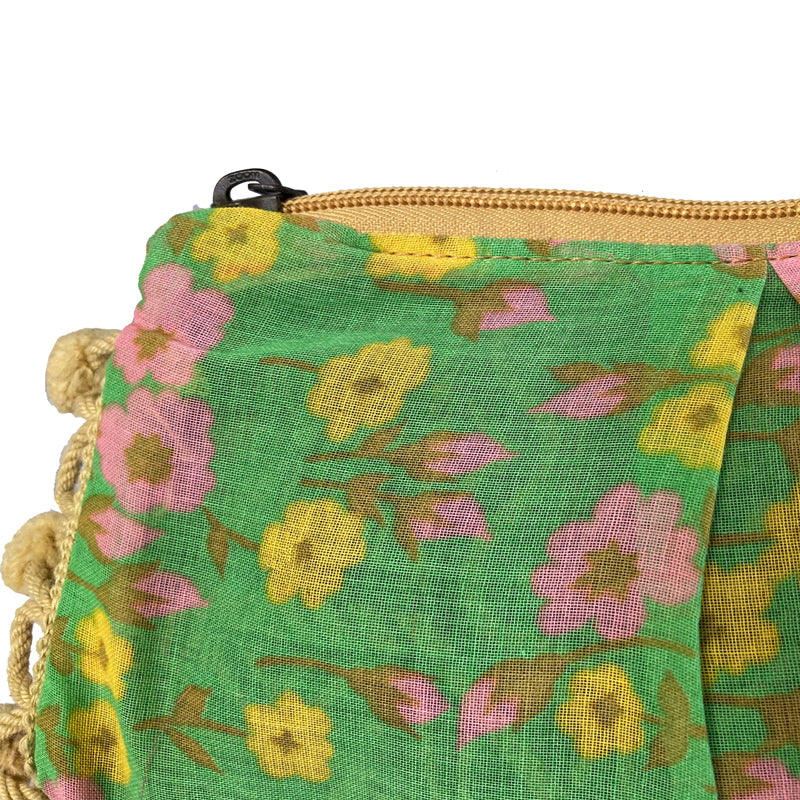 Tiny  Green, Pink & Yellow Floral Pom Pom Bag