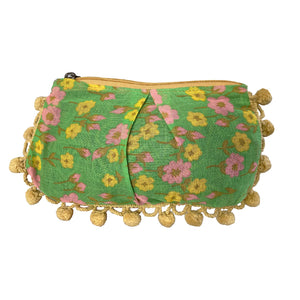 Tiny  Green, Pink & Yellow Floral Pom Pom Bag
